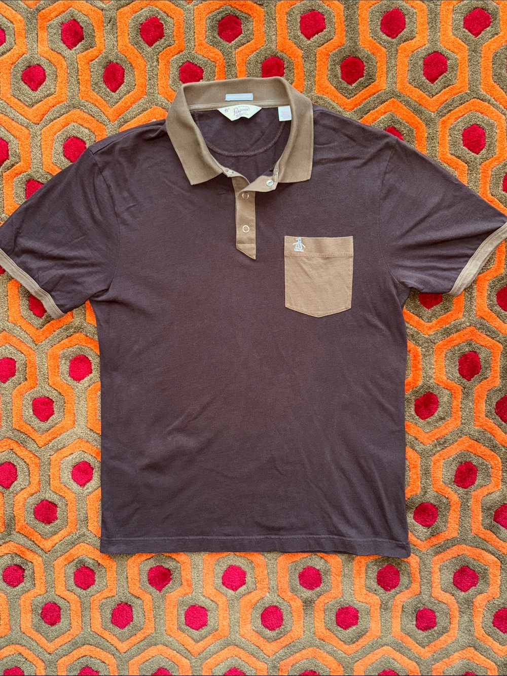 MAKE OFFER! Original Penguin Brown Polo Tan Contrast Collar & Pocket LARGE